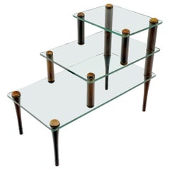 Italian Deco 3 Tier Glass Side End Occasional Step Table Tapered Dowel Legs Mint
