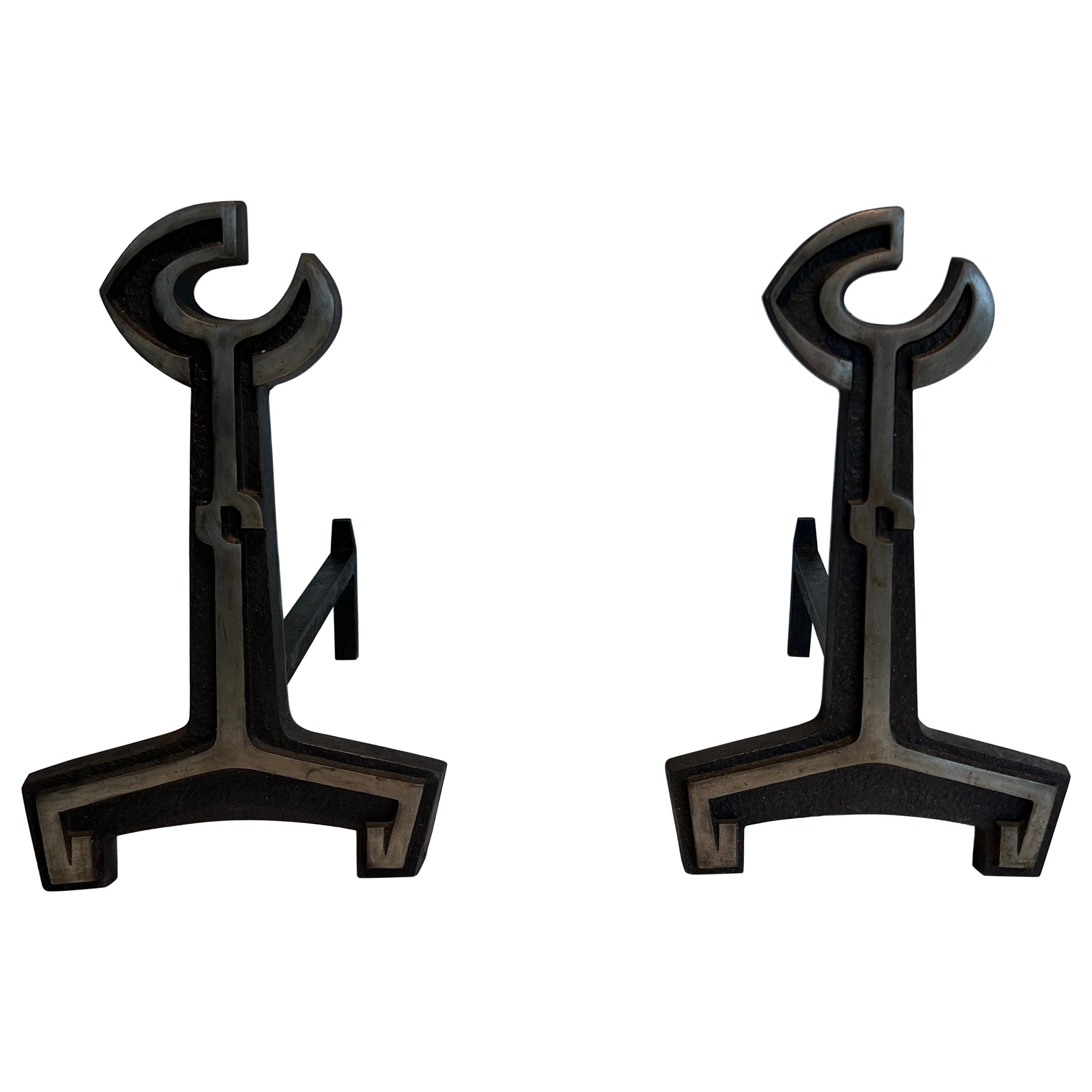 Pair of Modernist Cast Iron and Wrought Iron Andirons