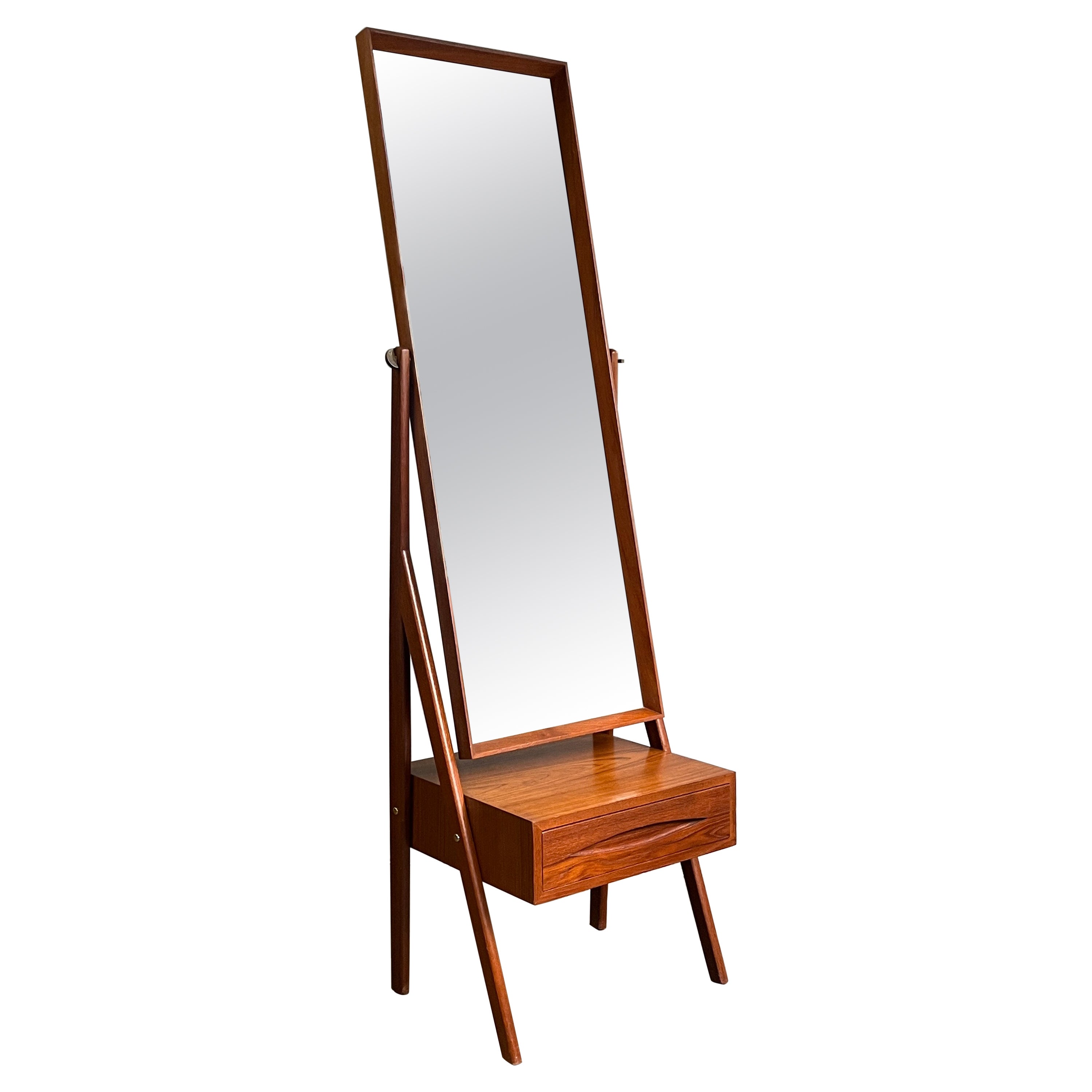 Beautiful Mid-Century Floor Mirror with Floating Drawer by Arne Vodder For Sale