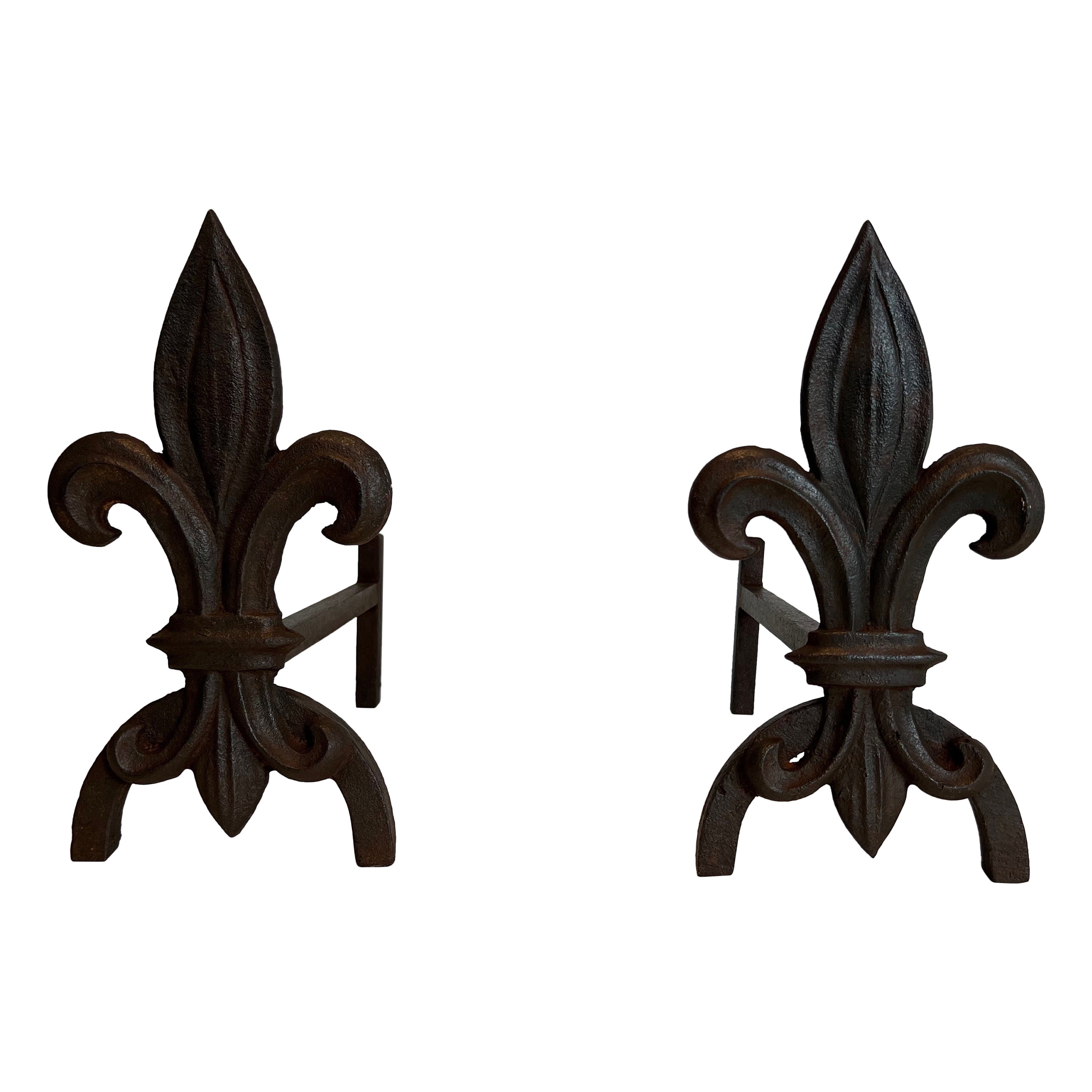 Pair of Fleurs de Lys Cast Iron and Wrought Iron Andirons For Sale