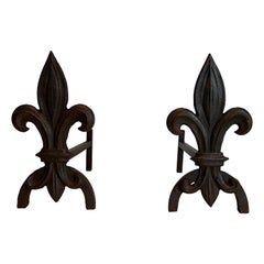 Vintage Pair of Fleurs de Lys Cast Iron and Wrought Iron Andirons