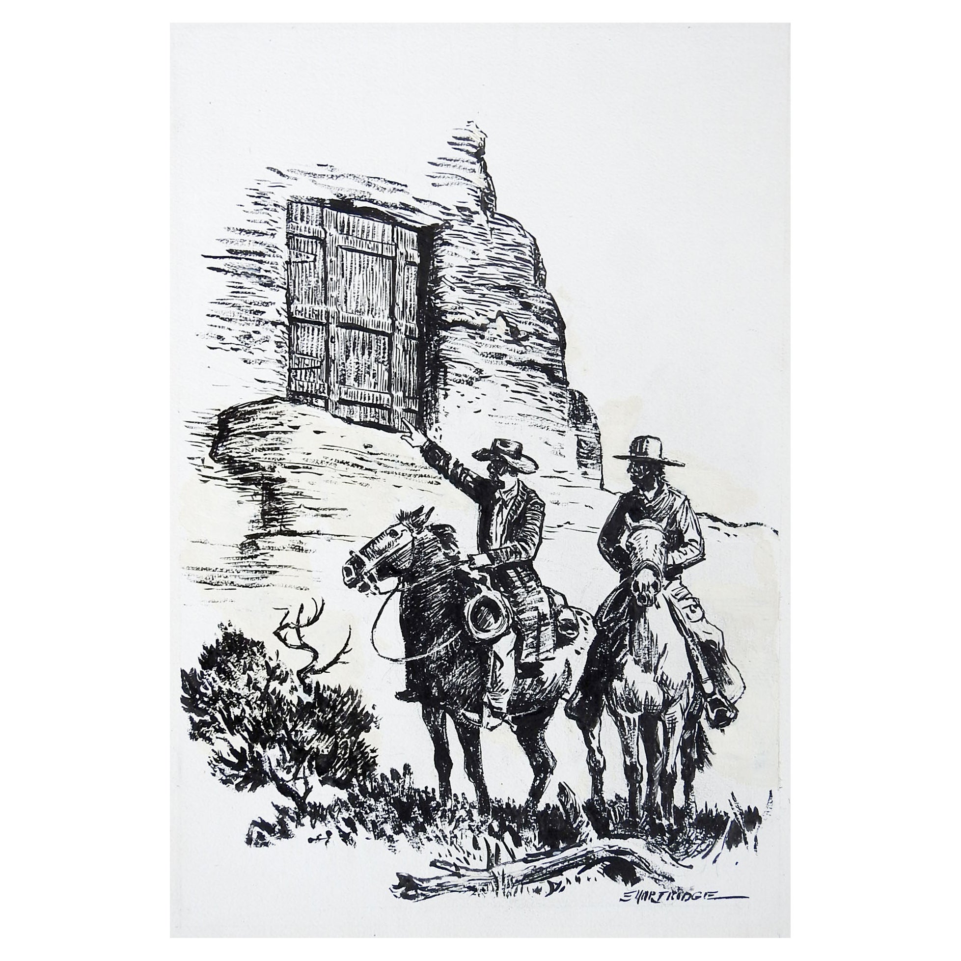 Late 20th Century Eugene Shortridge Cowboy Pen & Ink Western Drawing For Sale