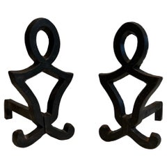 Vintage Pair of Modernist Cast Iron and Wrought Iron Andirons by Raymond Subes