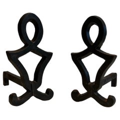 Pair of Modernist Cast Iron and Wrought Iron Andirons by Raymond Subes