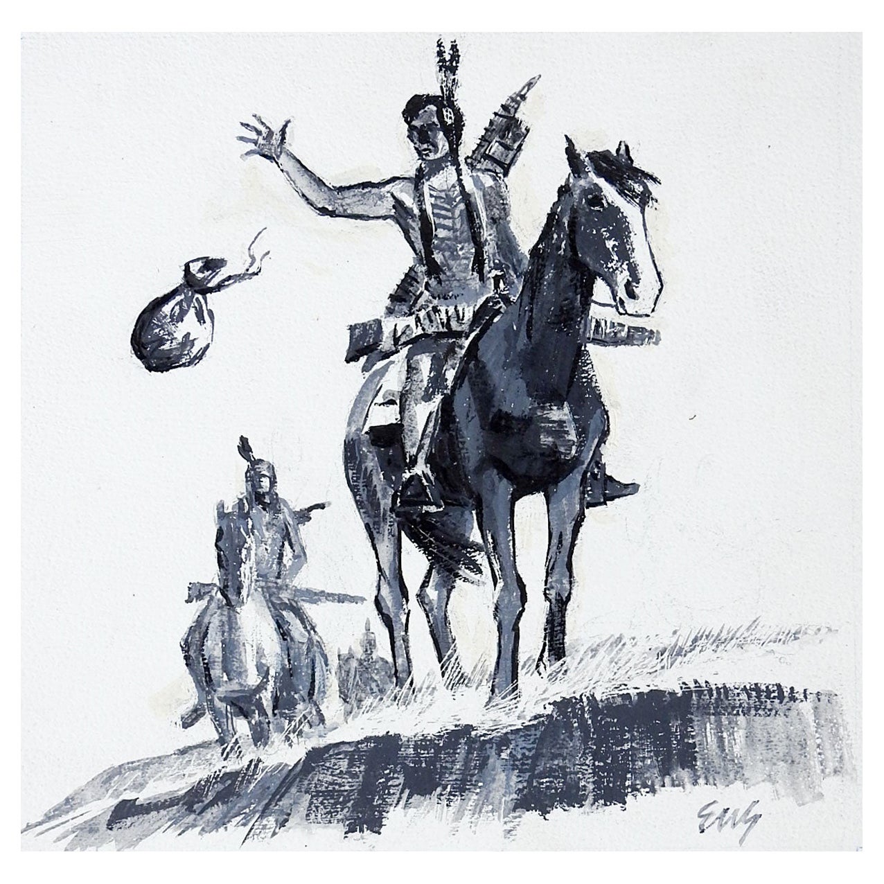 Eugene Shortridge, Zeichnung der amerikanischen Ureinwohner und Pferde, Mitte des 20. Jahrhunderts im Angebot