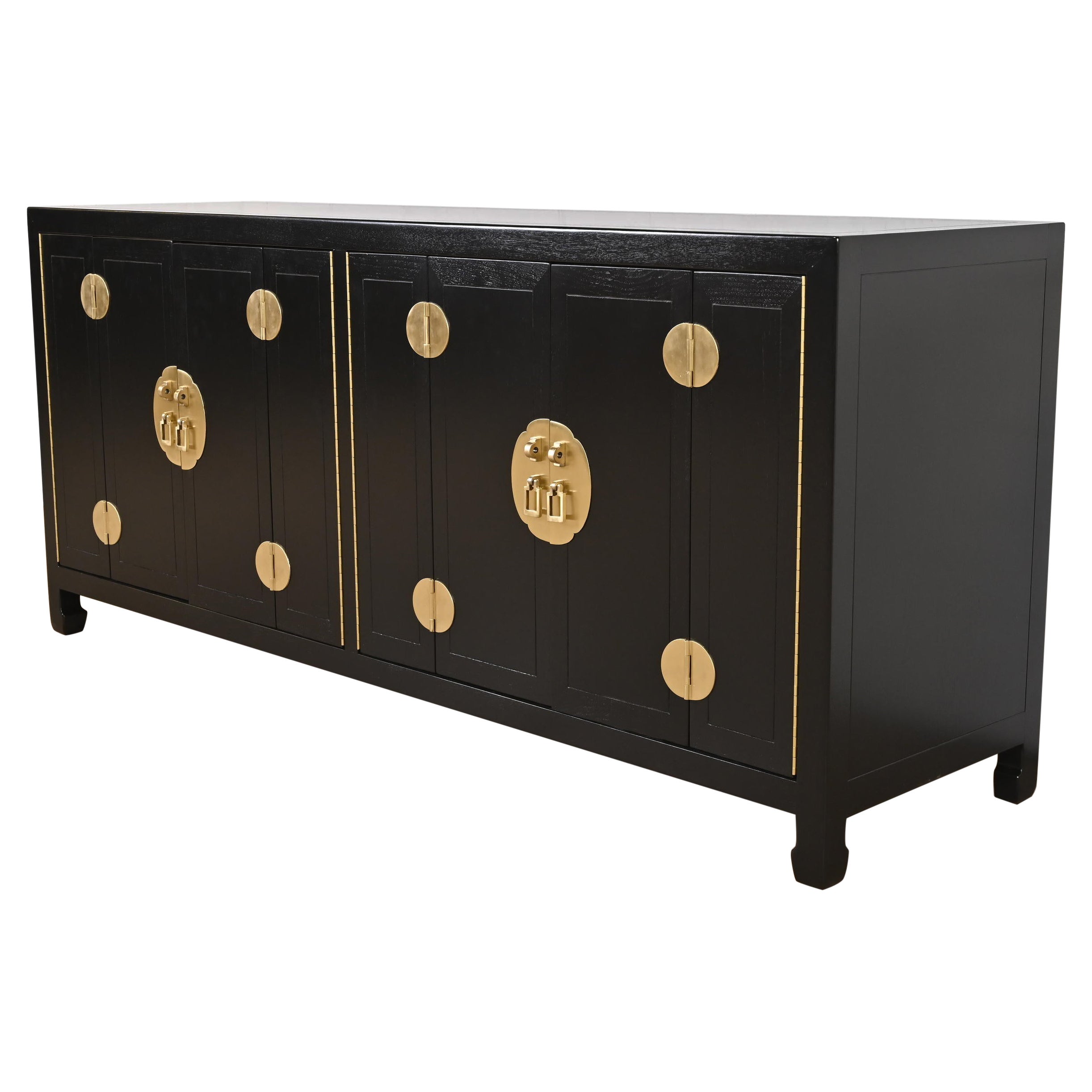 Henredon Hollywood Regency Black Lacquer and Brass Credenza, Newly Refinished