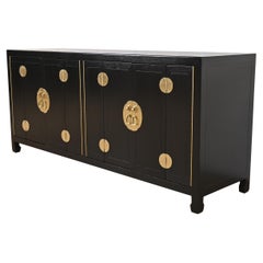 Henredon Hollywood Regency Black Lacquer and Brass Credenza, Newly Refinished