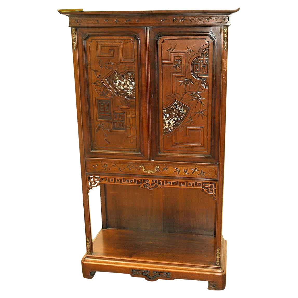 Carved Japanese Inlaid Cabinet For Sale
