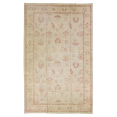 Floral Modern Turkish Oushak Handmade Beige Wool Rug 