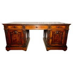 Antique English Burled Walnut Partner's Desk with Leather Top, Circa 1900.