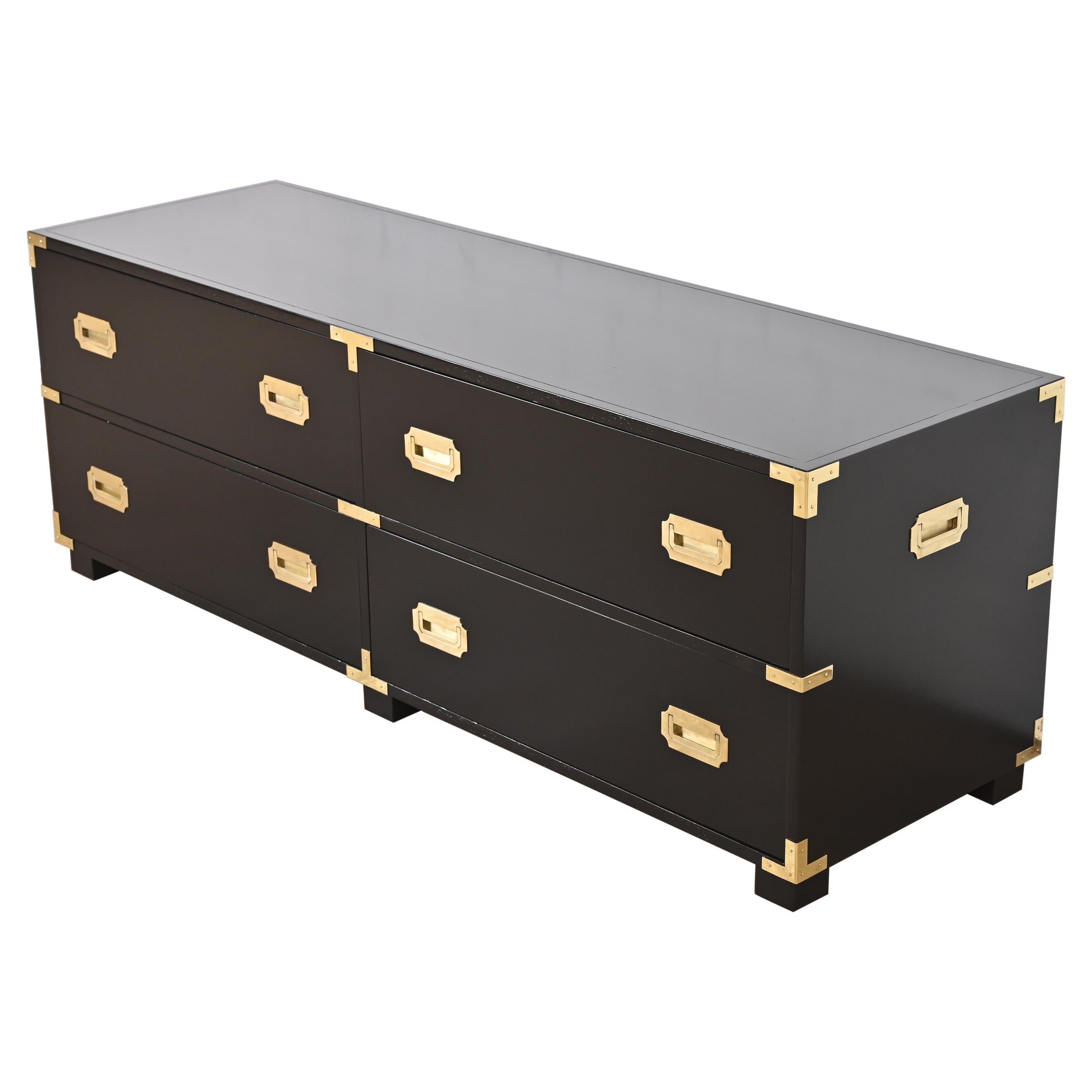 Michael Taylor for Baker Hollywood Regency Black Lacquered Campaign Low Chest