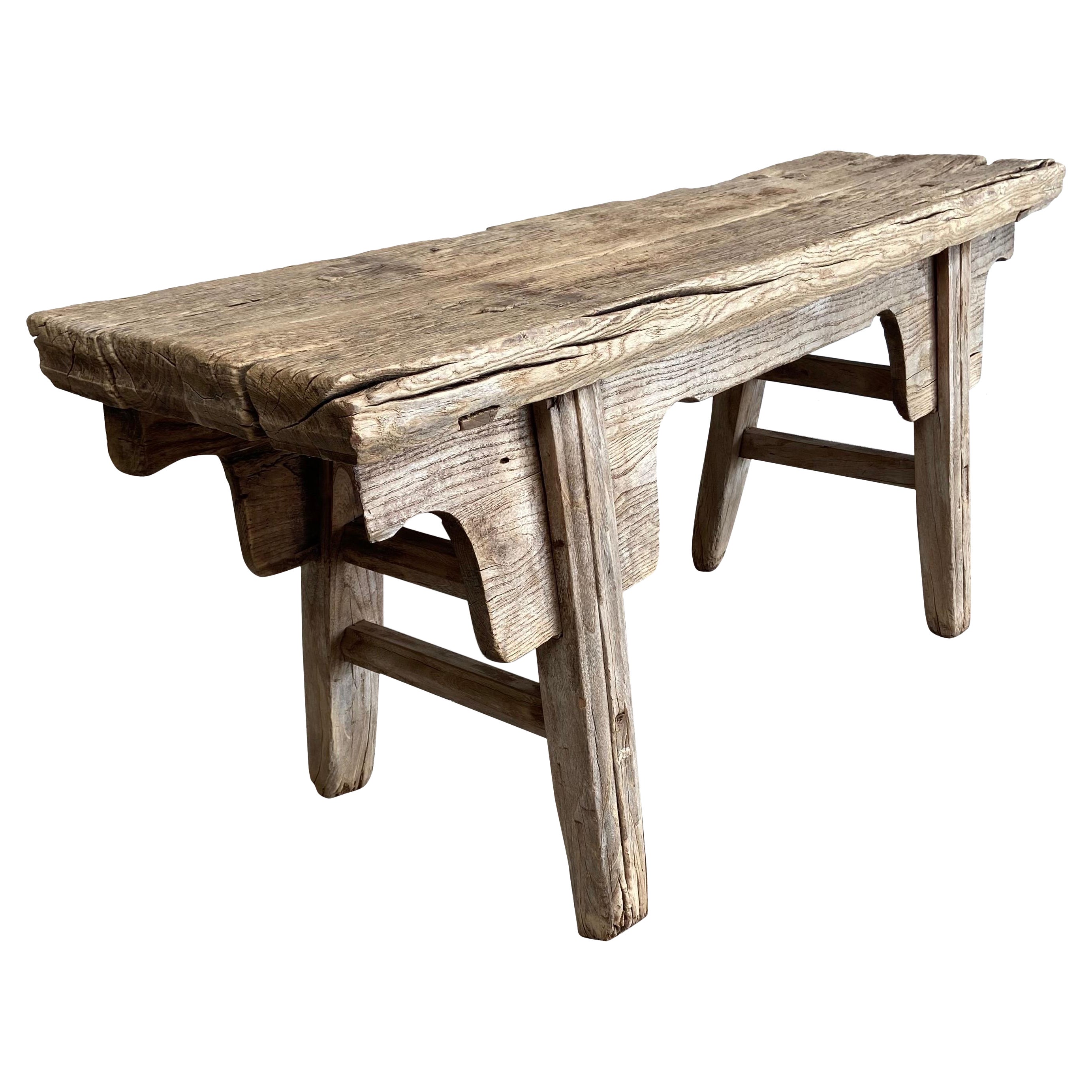 Vintage Elm Wood Bench with Apron