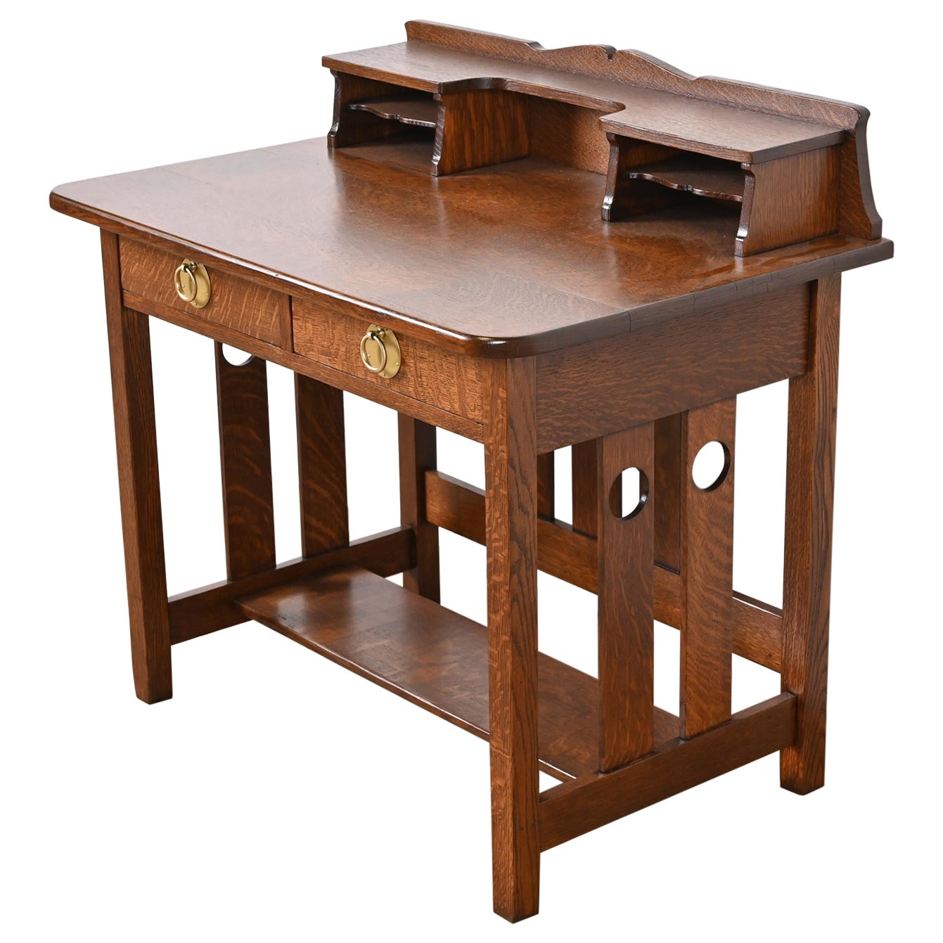 Antiker Stickley Brothers Missions-Schreibtisch aus Eiche im Arts and Crafts-Stil, neu restauriert im Angebot