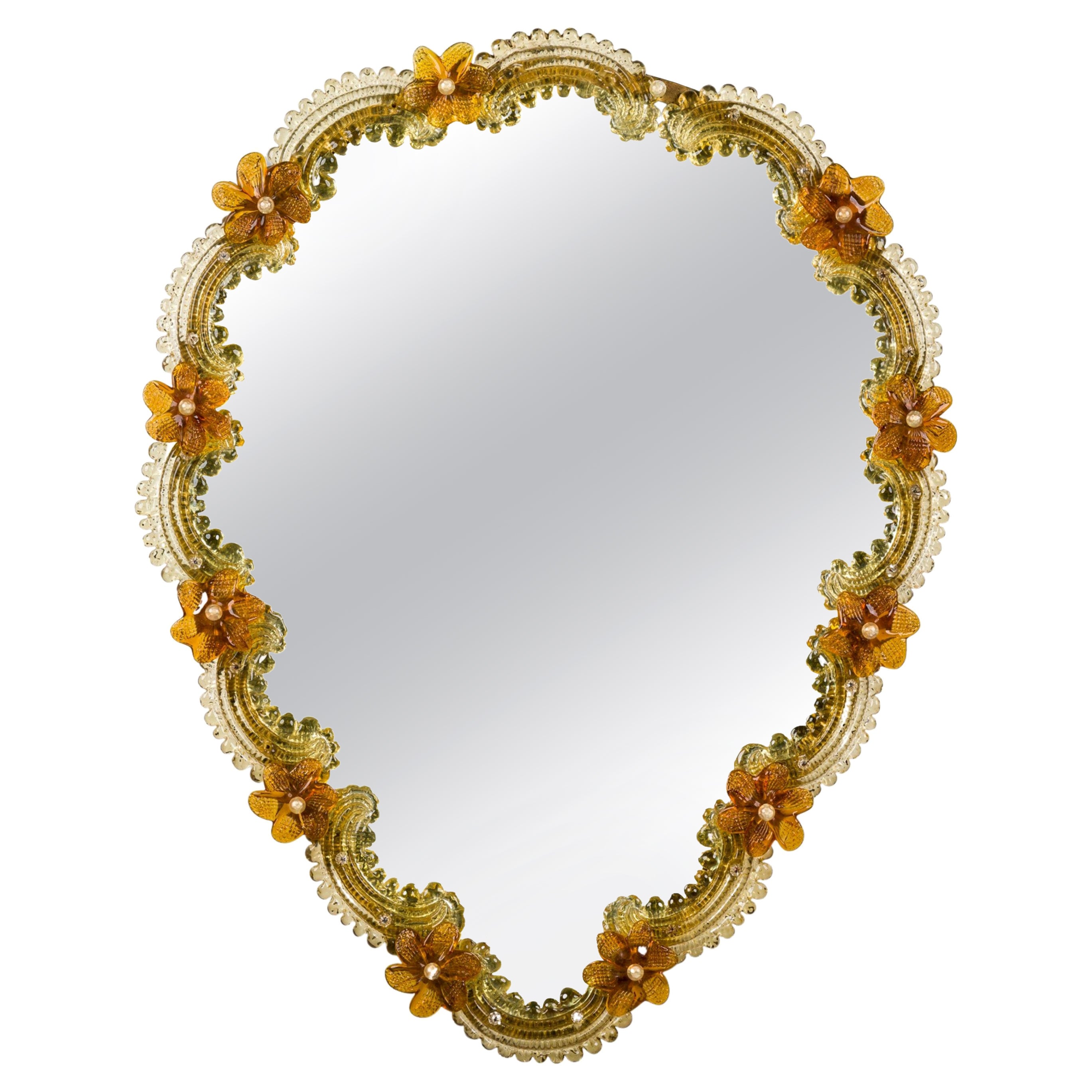 Murano Italian Venetian Amber Glass Floral Bordered Wall Mirror