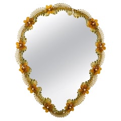 Murano Italian Venetian Amber Glass Floral Bordered Wall Mirror