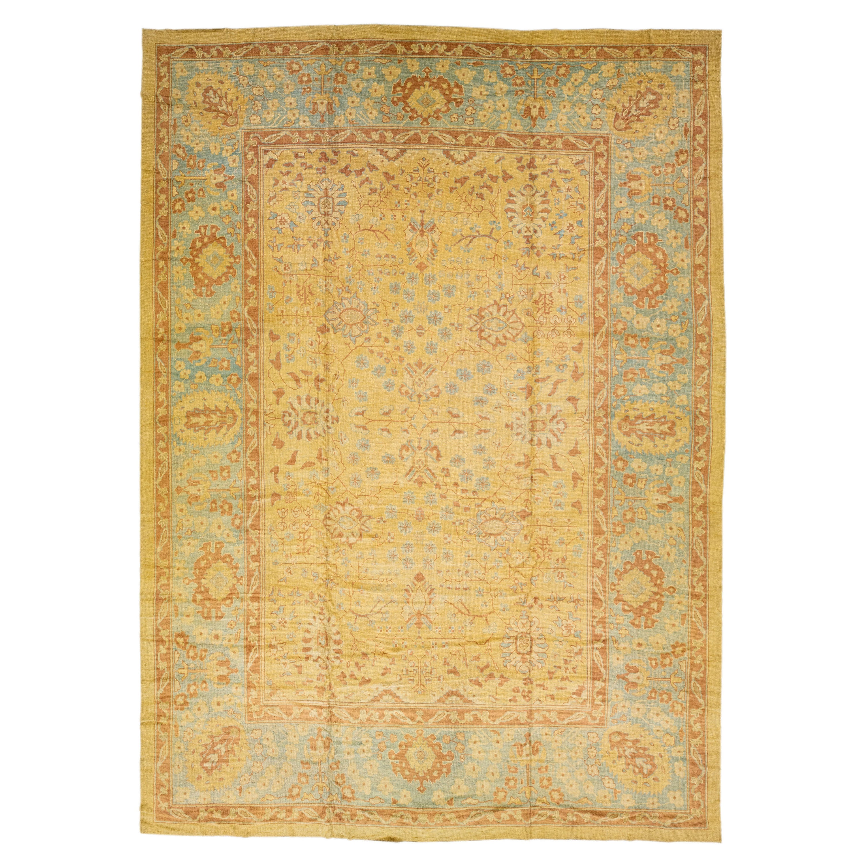 Modern Turkish Oushak Handmade Floral Wool Rug with Goldenrod Color Field For Sale