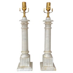 Pair Italian Column Neoclassic Alabaster Table Lamps