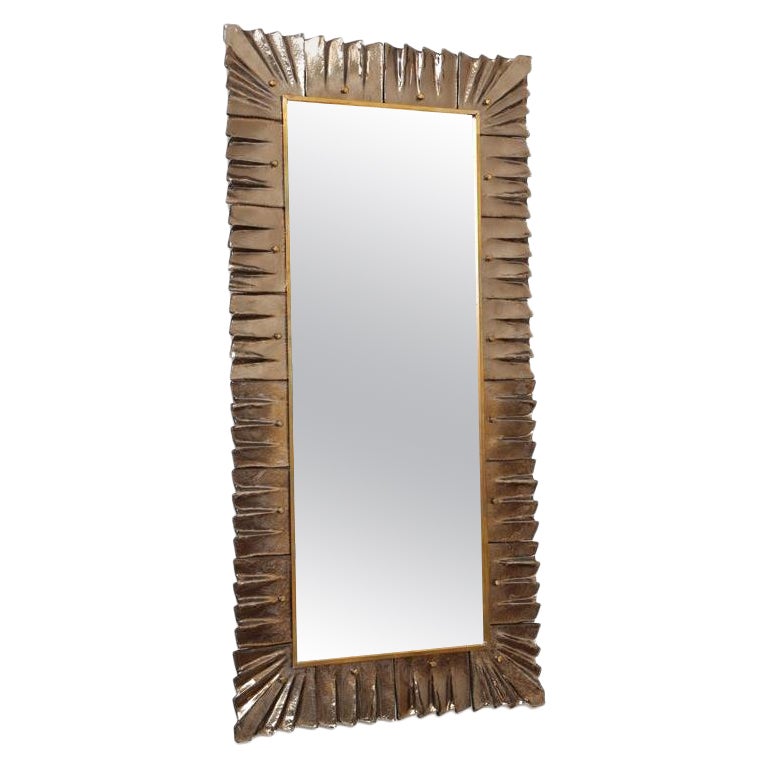 Grand miroir rectangulaire encadré en verre de Murano et bronze ambré, en stock
