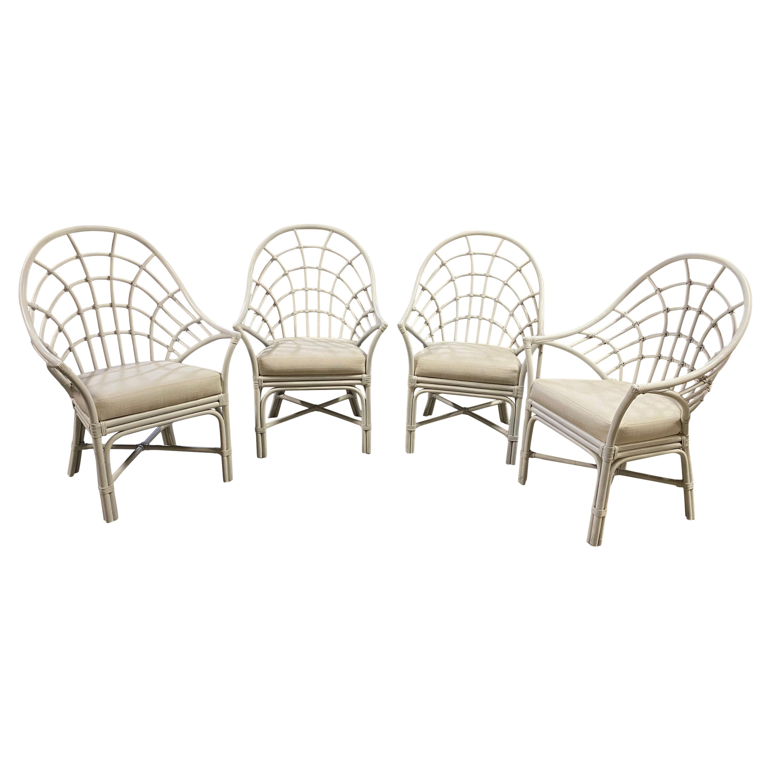 Set of 4 White Rattan Pencil Reed Fan Back Dining Chairs For Sale