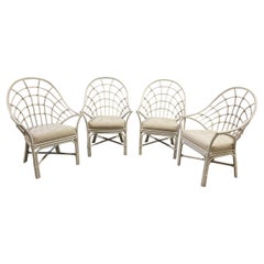 Set of 4 White Rattan Pencil Reed Fan Back Dining Chairs