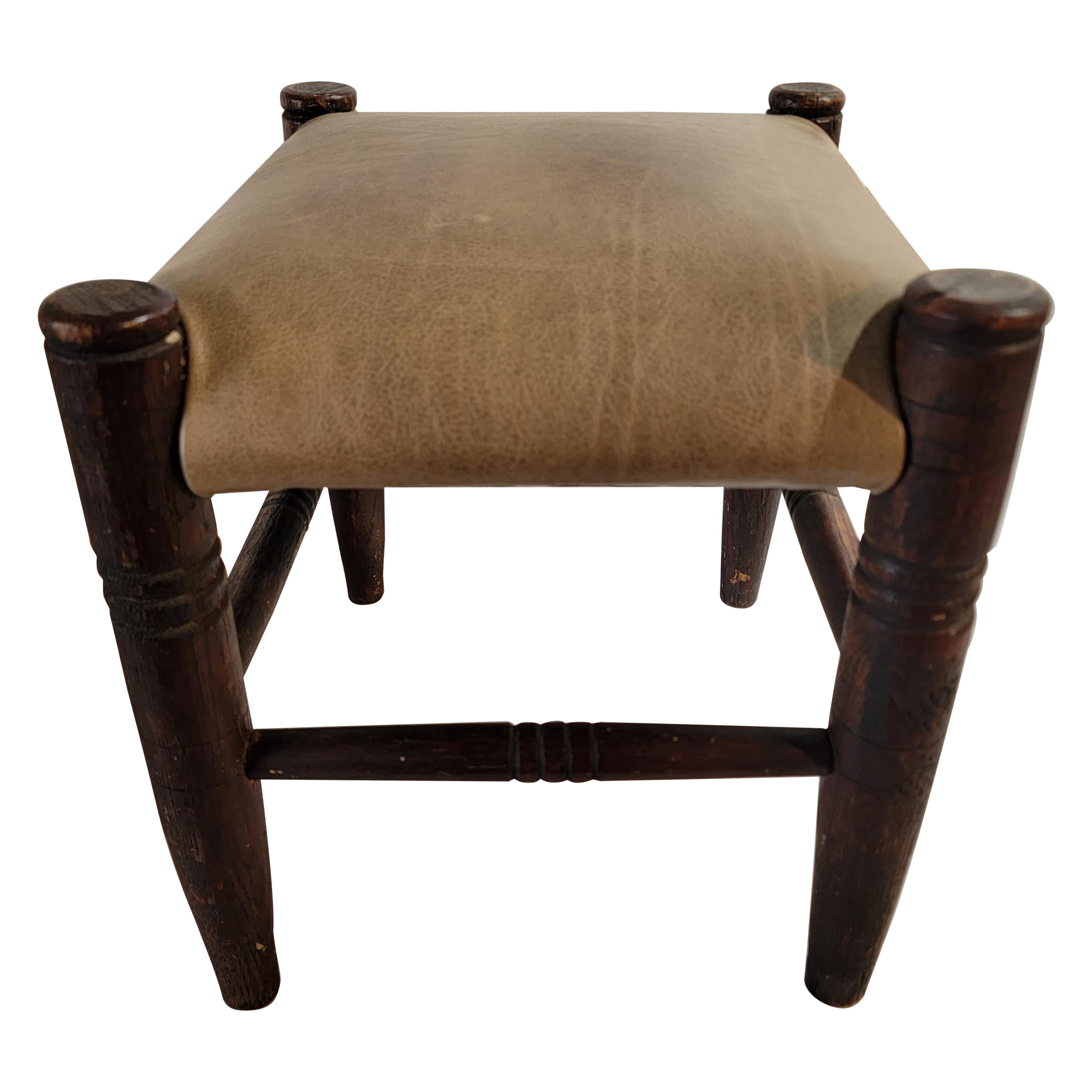 19Thc Hand Made Stool With Leather Seat For Sale