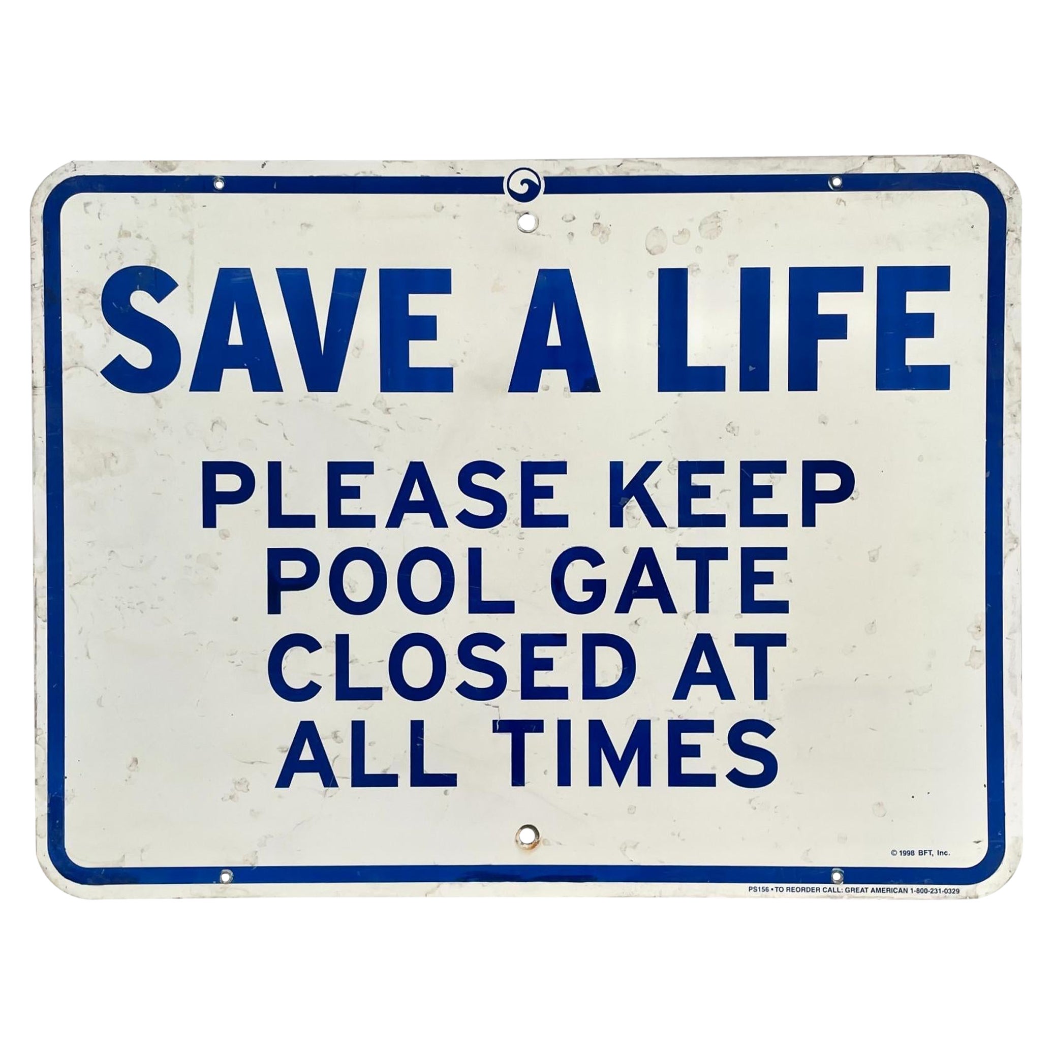 "Sauvez une vie" Panneau de piscine, années 80 USA