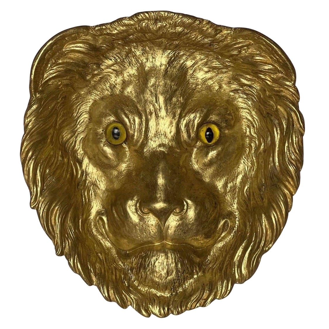Antique French Gilt Bronze Lion Head Form Ashtray / Catchall with Glass Eyes