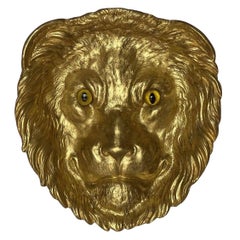 Antique French in bronzo dorato a forma di testa di leone, posacenere / portacenere con occhi di vetro