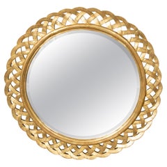 French Round Giltwood 19th Century Mirror with Woven Trellis Inspired Design