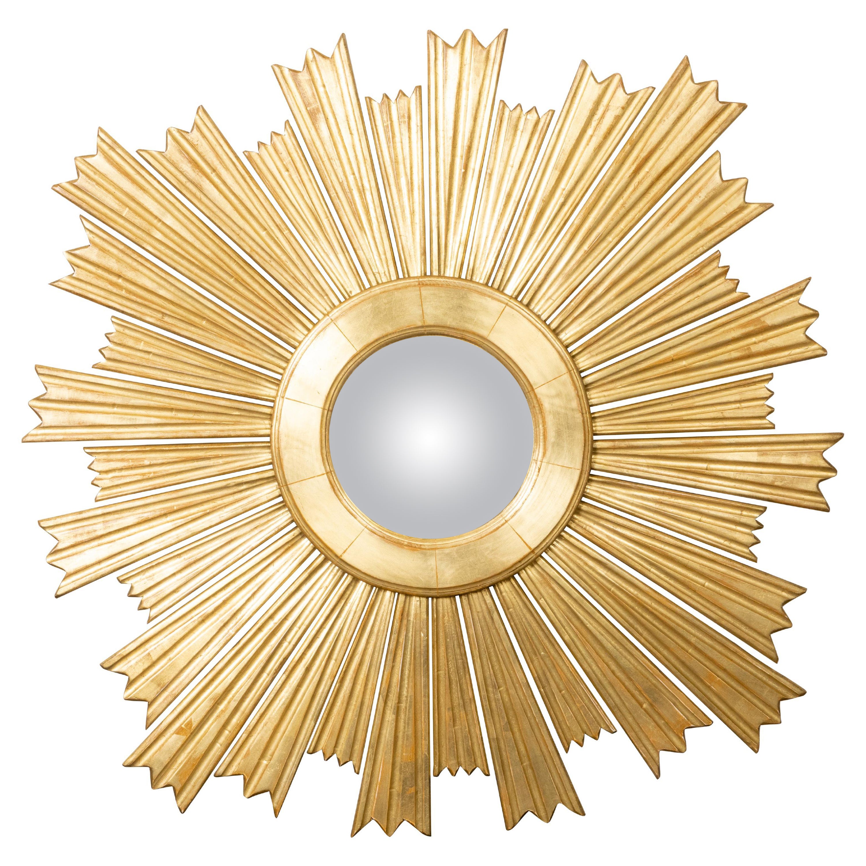 Large French Contemporary Giltwood Convex Sunburst Mirror with Radiating Rays For Sale