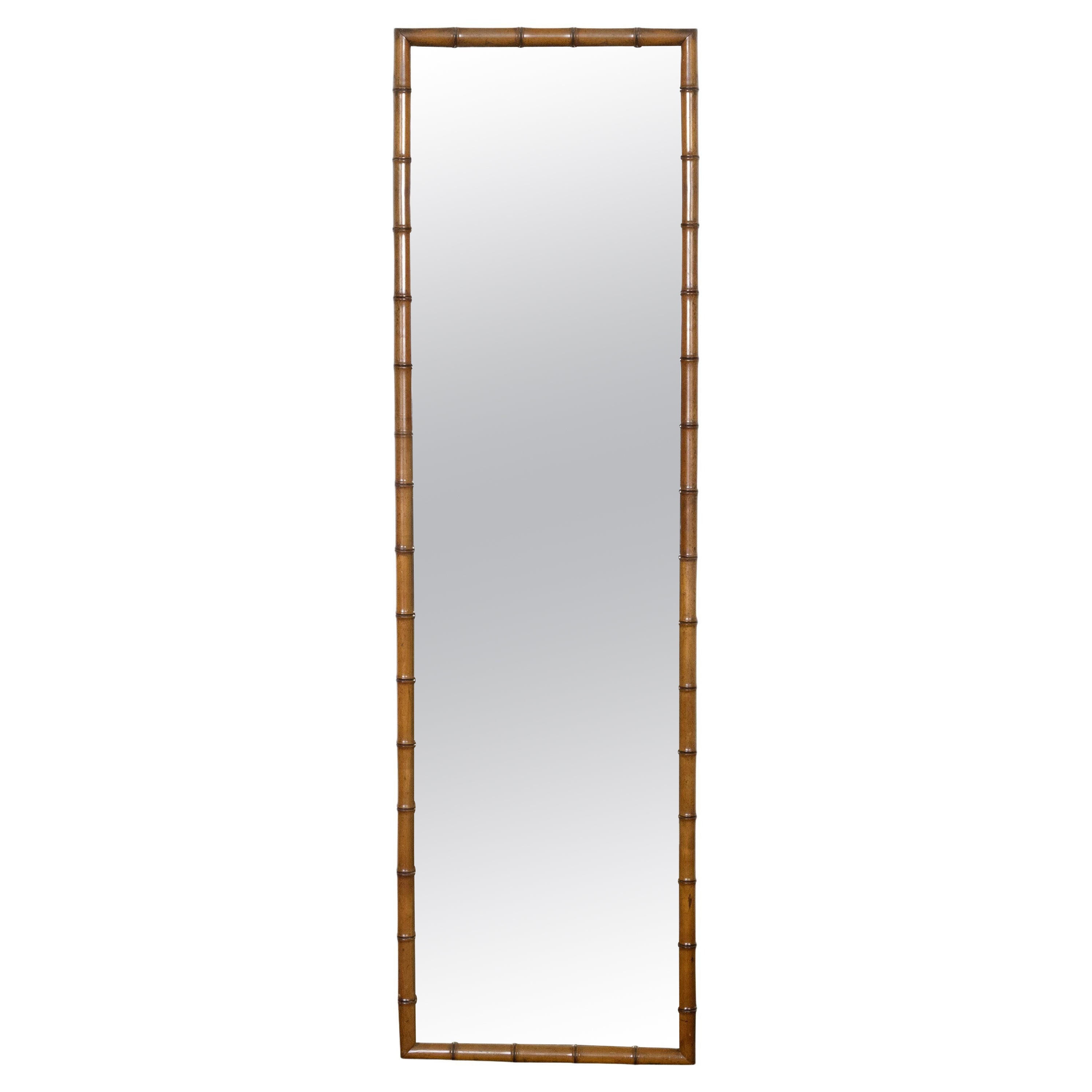 Slender French Early 20th Century Faux-Bamboo Mirror with Brown Patina