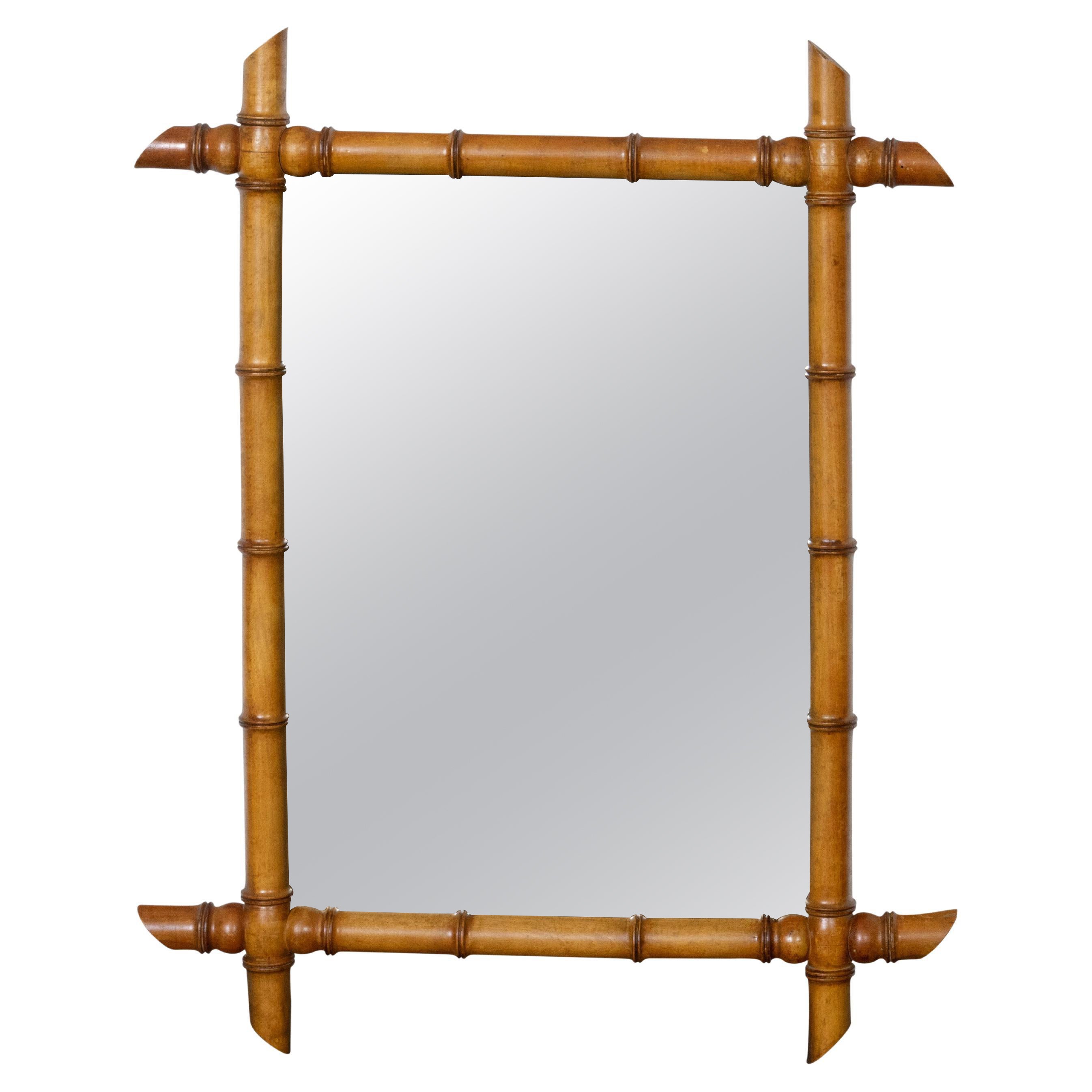French Walnut Faux-Bamboo Mirror with Intersecting Corners, circa 1920