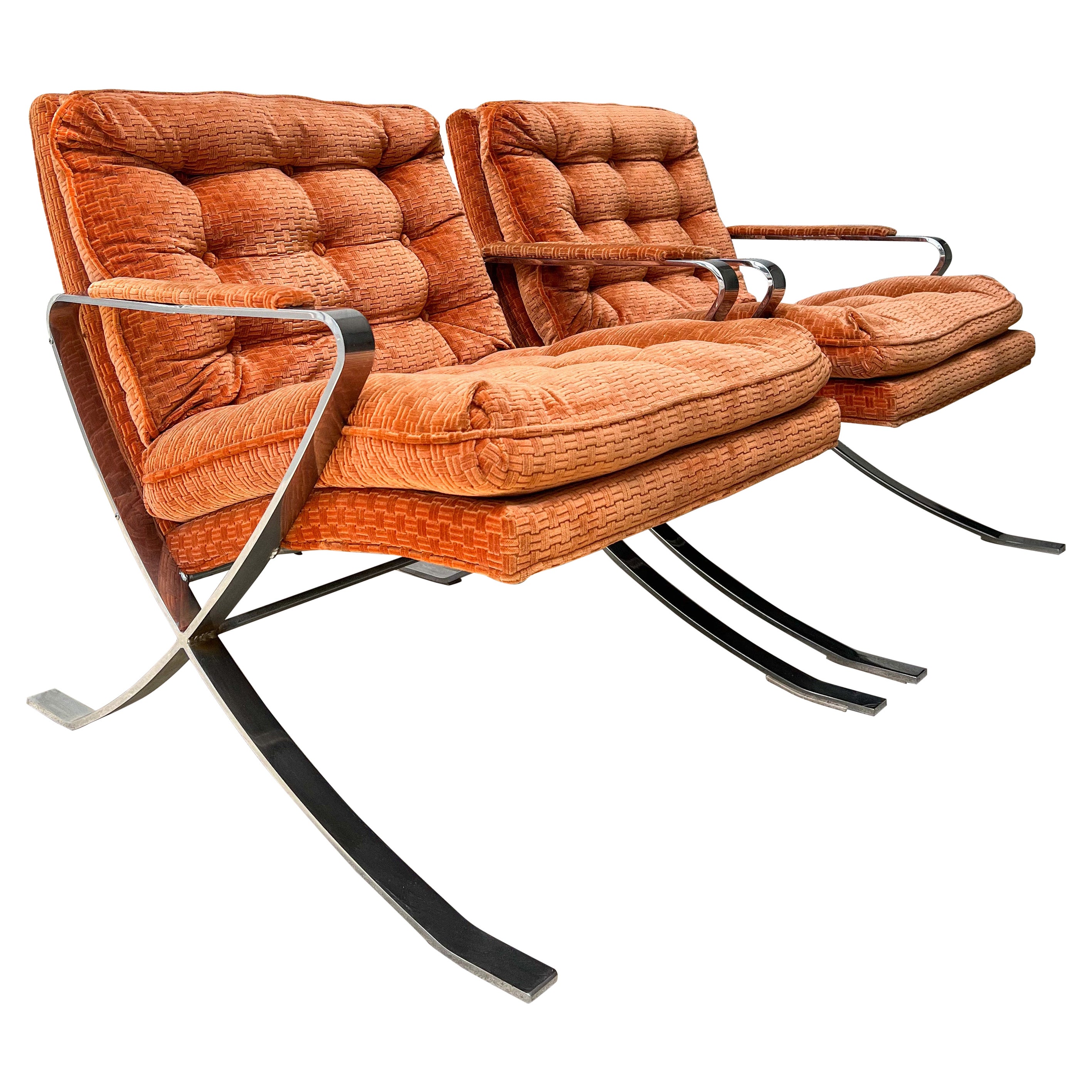 Vintage Mid Century Chrome Lounge Chairs in the Style of Milo Baughman