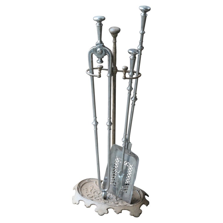 Large 18th 19th C. English Polished Steel Fire Irons For