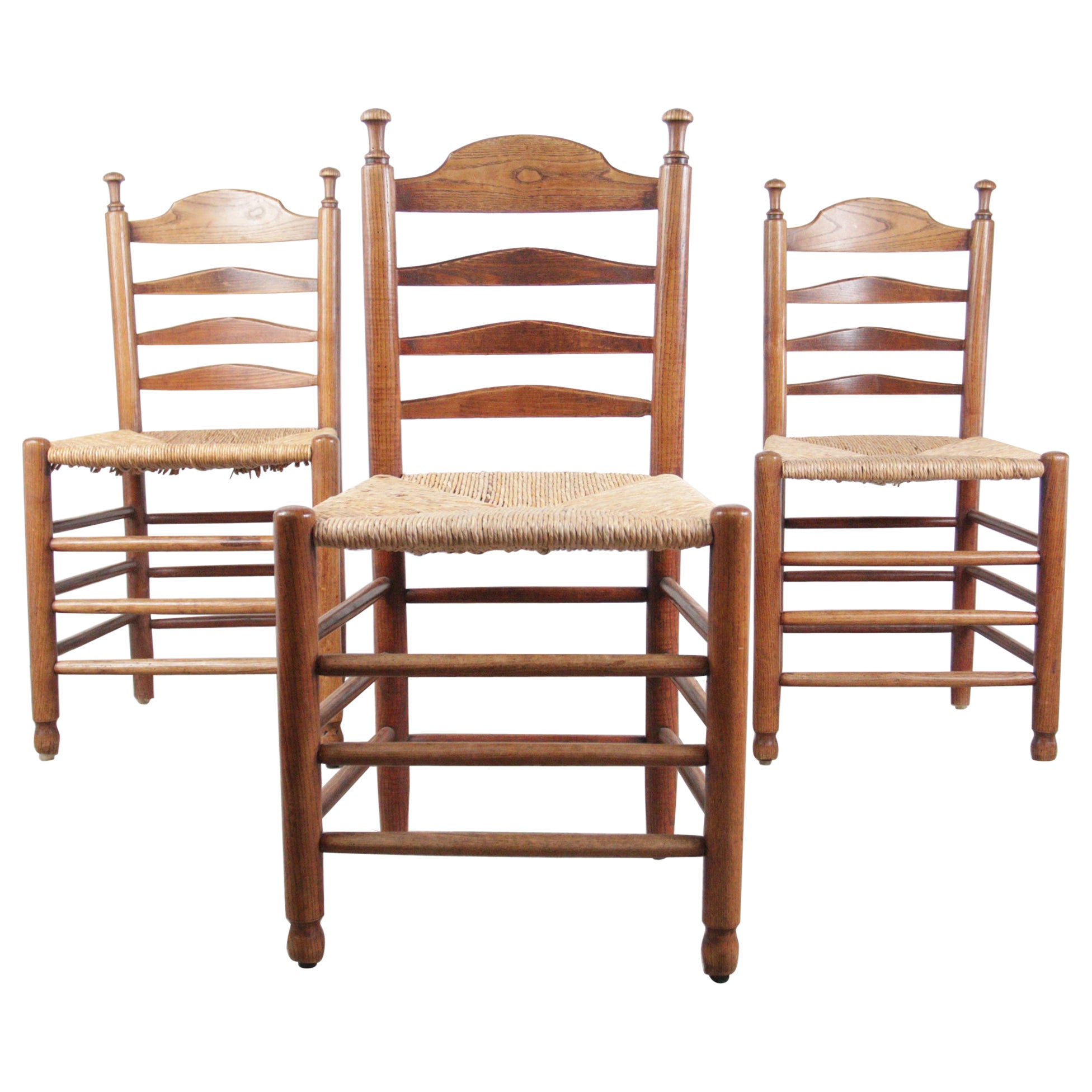 3 Antique Dutch Ladder Back Oak Rush Seat Dining Chairs