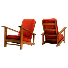 Vintage Dutch Lounge Chairs in Beech and Vermillion Upholstery Attr. to Groenekan 1950s