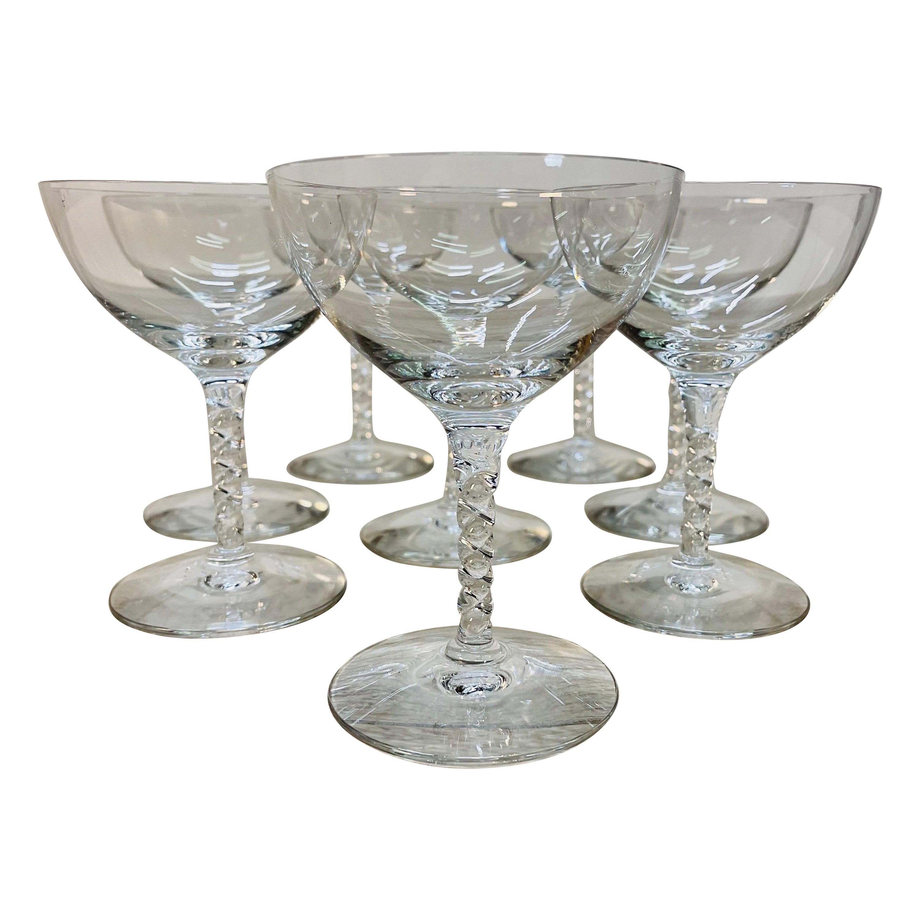 1960s Twisted Stem Glass Coupes, Set of 8 For Sale