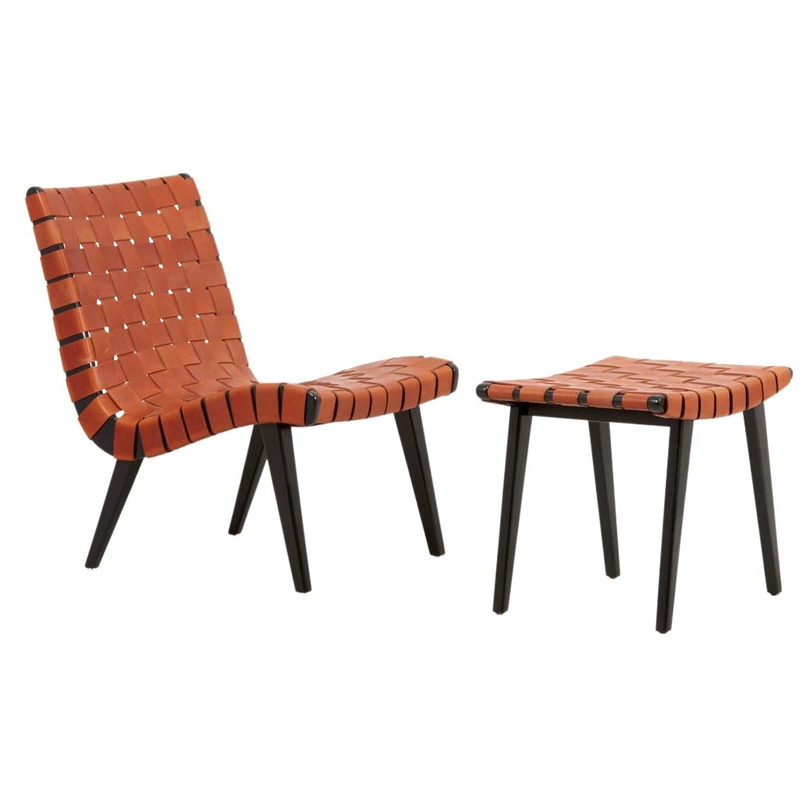 Cognac / Brown Leather Webbed Lounge Chair and Ottoman by Jens Risom for Vostra For Sale