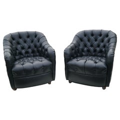 Pair of Black Mid-Century Modern Ward Bennett Style Tufted Lounge Chairs Casters