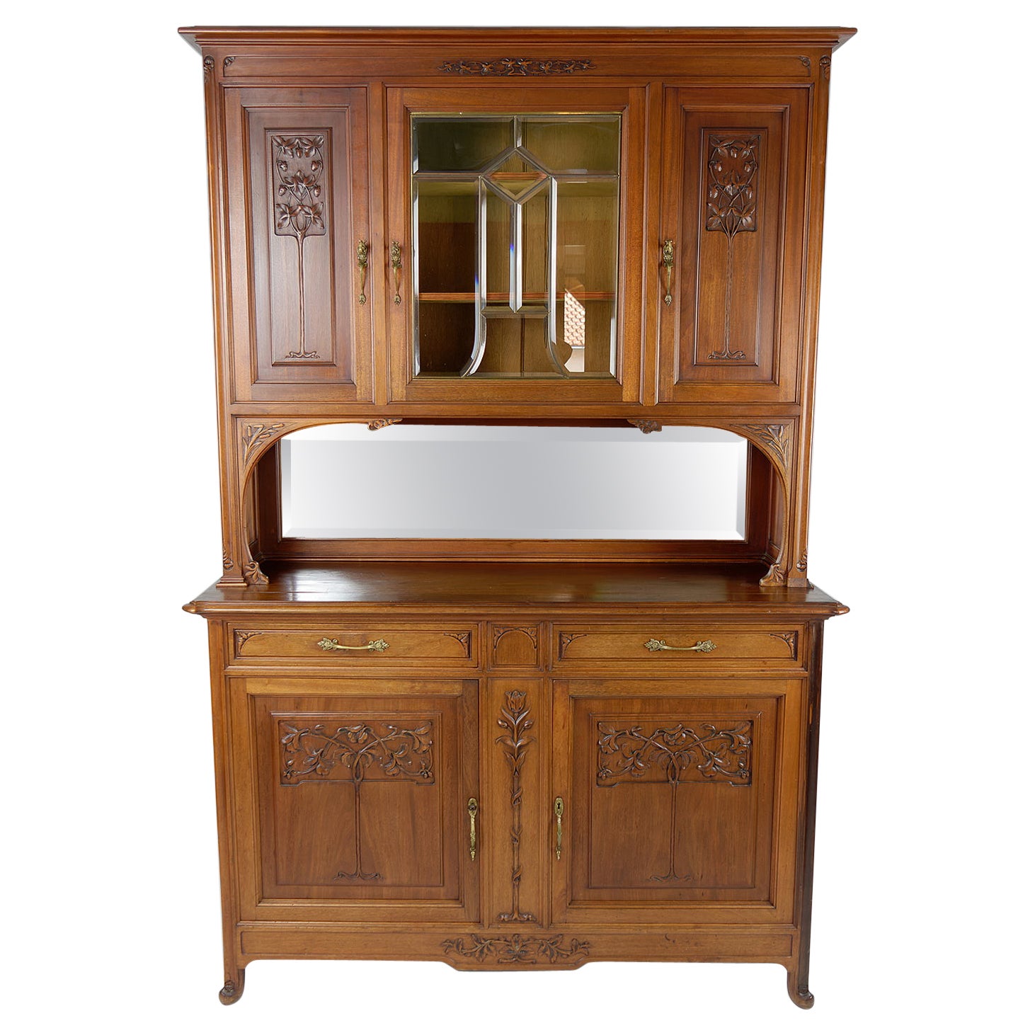 French Art Nouveau Sideboard in Carved Walnut with Stained Glass, circa 1910 For Sale