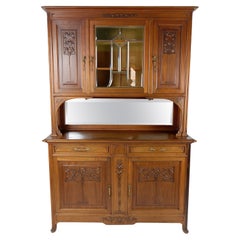 Antique French Art Nouveau Sideboard in Carved Walnut with Stained Glass, circa 1910