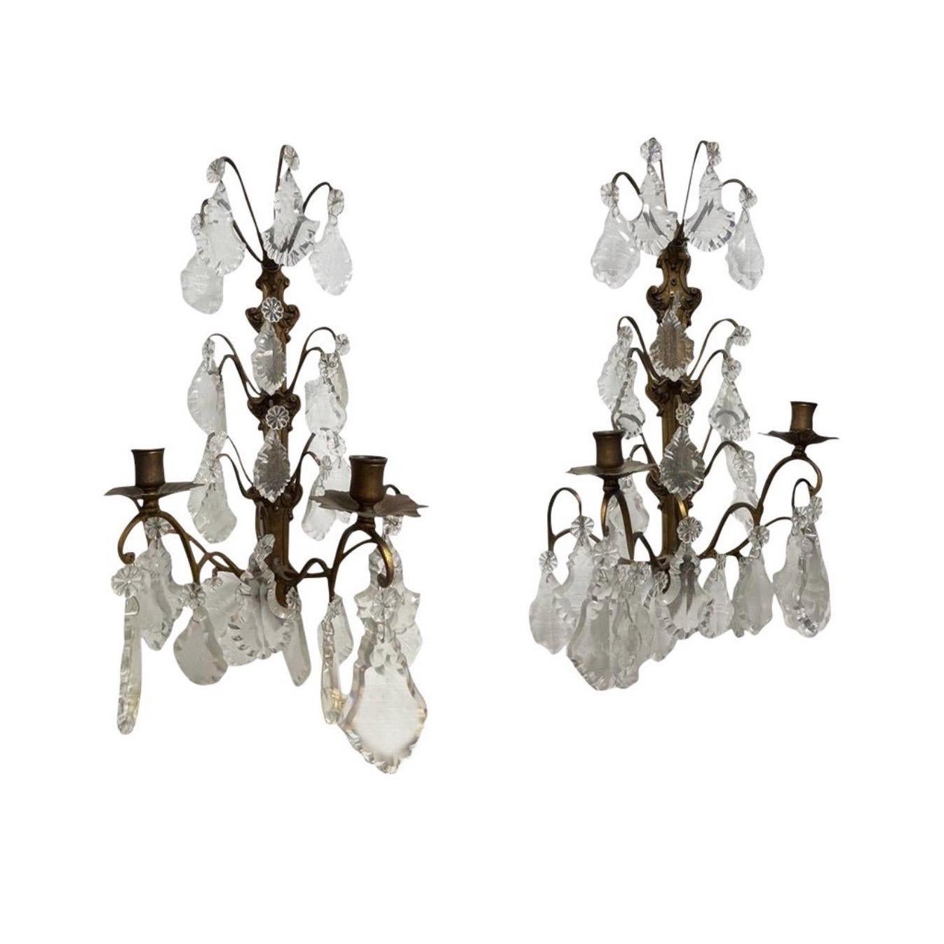 Pair, Italian Bronze and Crystal 4-Light Candle Sconces, Inquire for Wiring