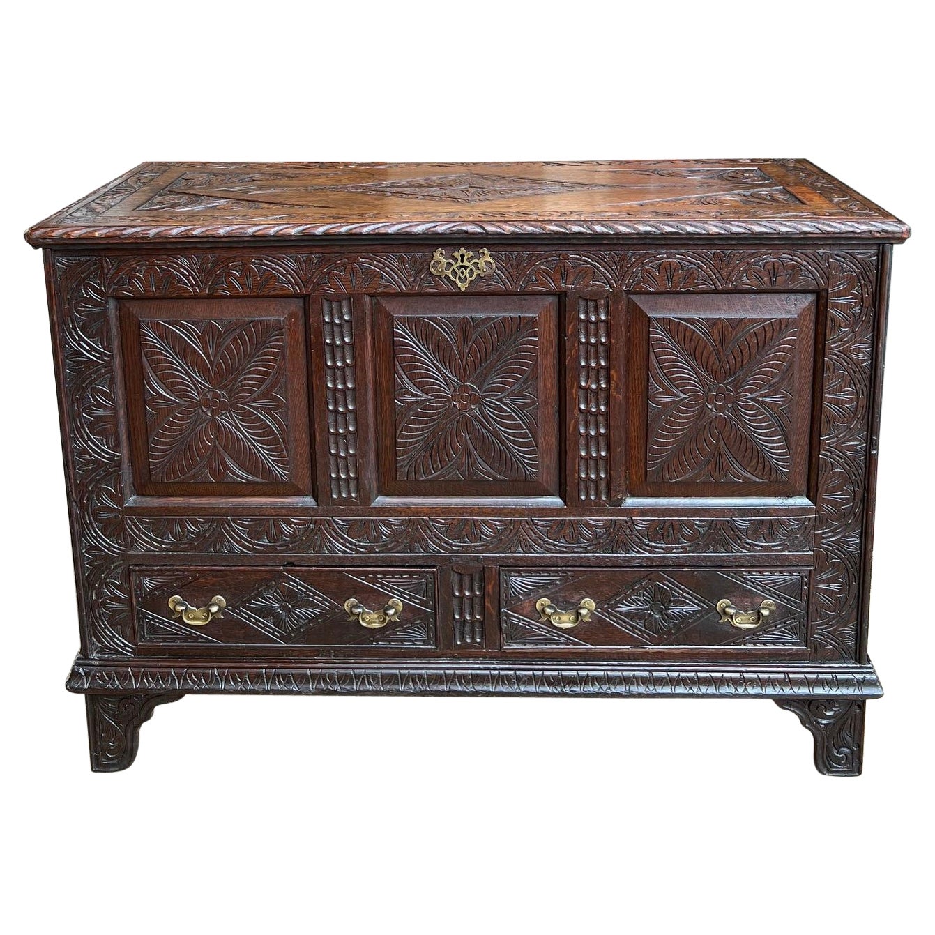 Antique English Trunk Coffer Blanket Chest Carved Oak Foyer Table Wedding Chest For Sale