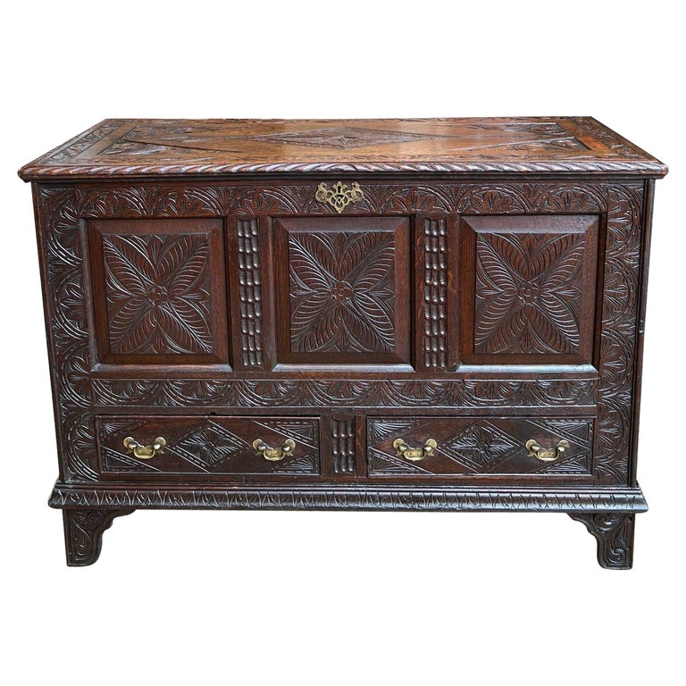 19th century Antique English Trunk Coffer Blanket Chest Carved Oak Foyer Table For Sale at 1stDibs