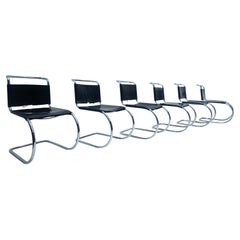 Set of 6 MR10 Chairs by Mies van der Rohe, Knoll International, Black Leather