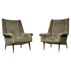Gio Ponti Style, Mid-Century Modern, Wingback Chairs, Grey Velvet, Wood, 1950s