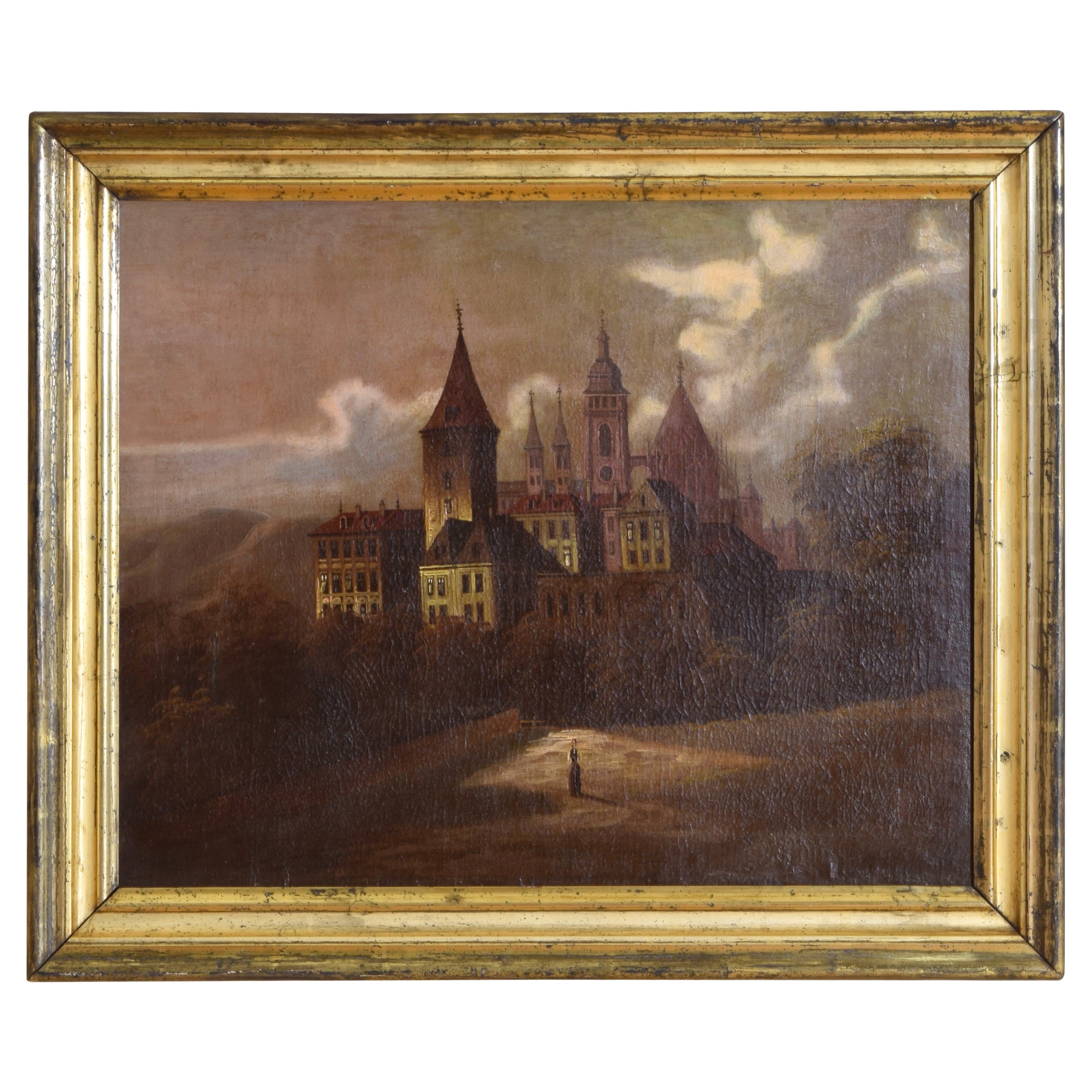 French Oil on Canvas, Village and Lone Figure, in period Giltwood Frame, ca.1835