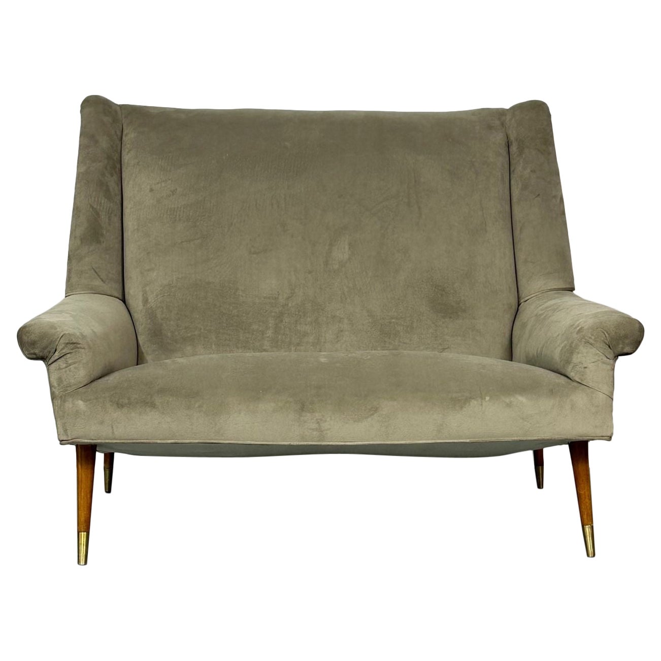 Gio Ponti Style, Mid-Century Modern, Sofa, Grey Velvet, Wood, Italy, 1950s
