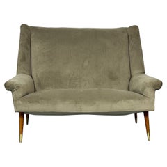 Retro Gio Ponti Style, Mid-Century Modern, Sofa, Grey Velvet, Wood, Italy, 1950s