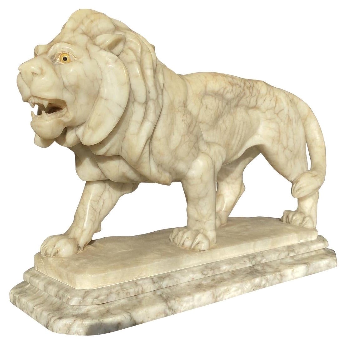 Early 20th Century Antique Italian Carved Marble & Alabaster Lion Sculpture